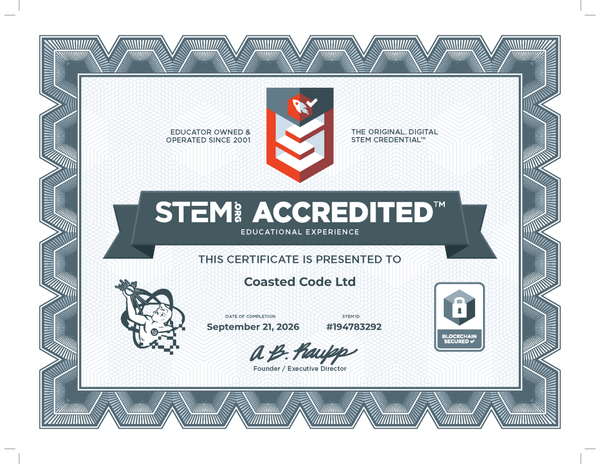 STEM.org Accredited Educational Experience certificate presented to Coasted Code Ltd on 21 September 2026, credential 194783292