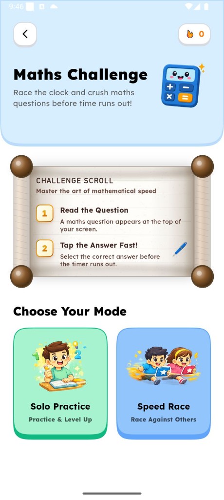 Maths Challenge mode select with Solo Practice and Speed Race