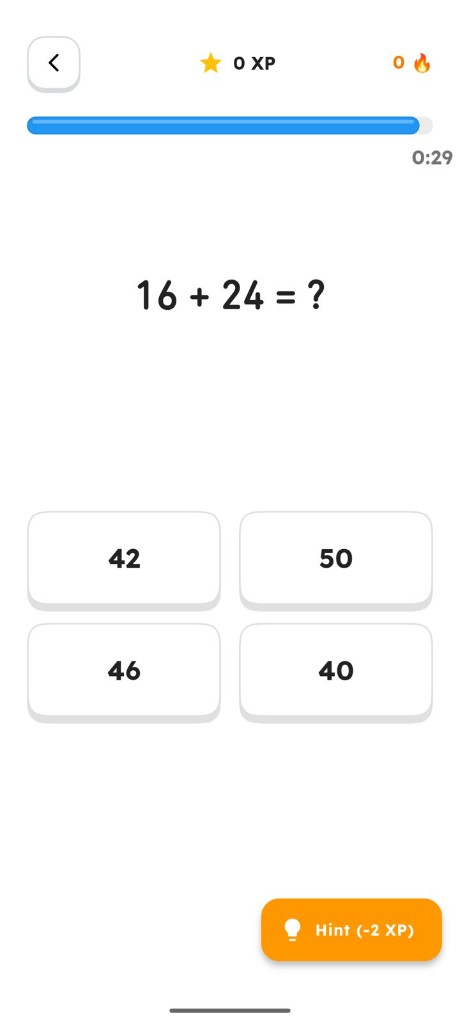 Maths Challenge question 16 + 24 with four answer choices and a hint button