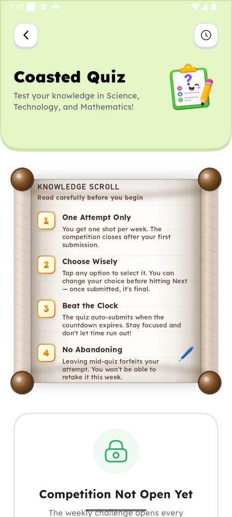 Coasted Quiz knowledge scroll explaining the weekly competition rules