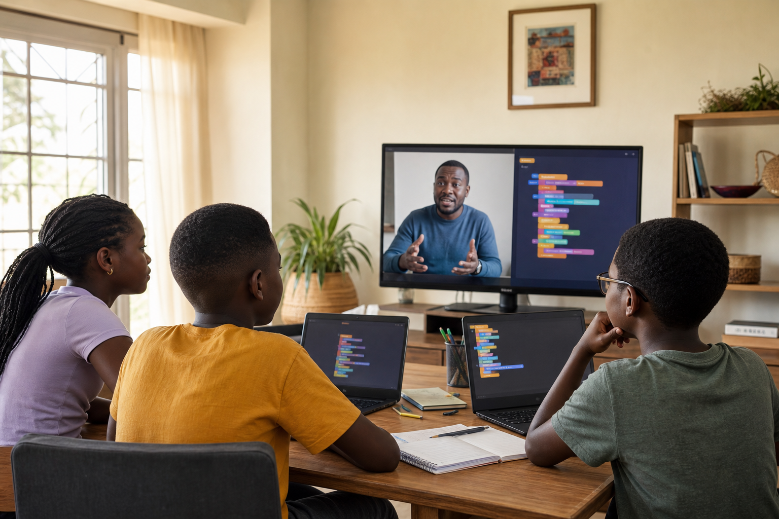 Three learners at home joining a live Coasted Code class on laptops