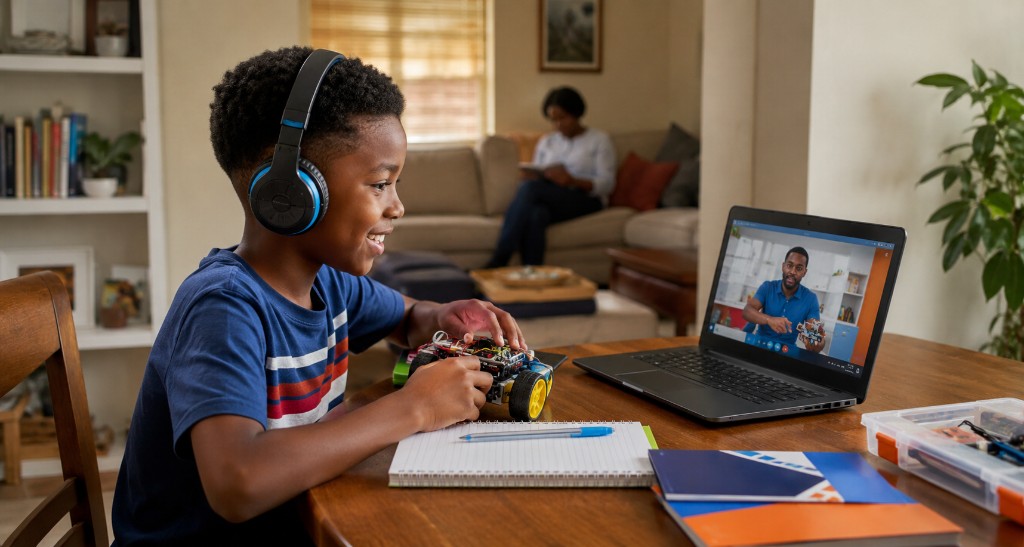 A learner at home building a yellow-wheeled robot during a live online class