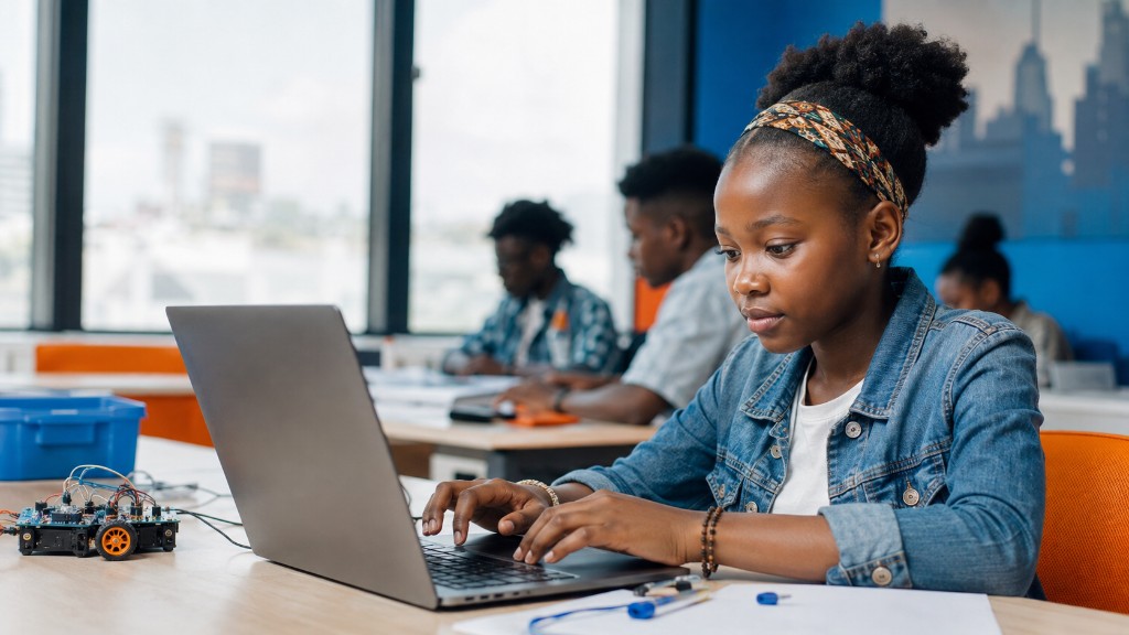 A learner coding on a laptop beside a small robot with orange wheels