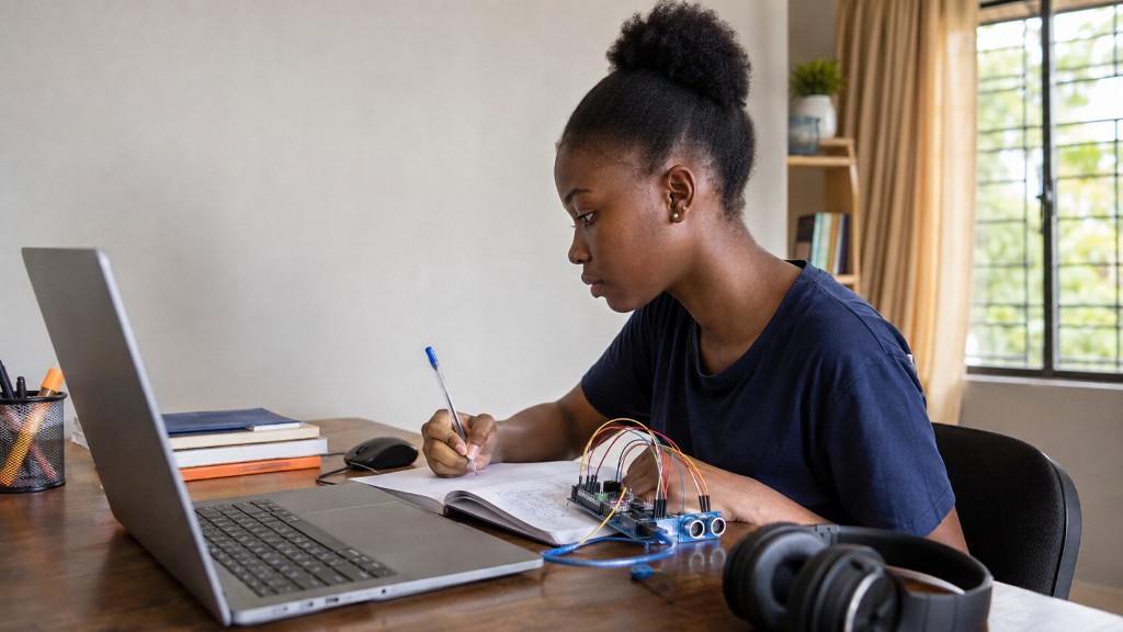A teenage learner working through a circuit board and notebook at her desk