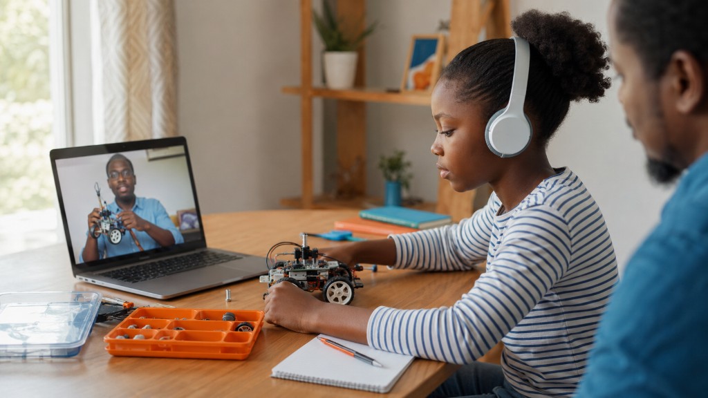A learner wearing headphones assembling a robotics kit during a live online class