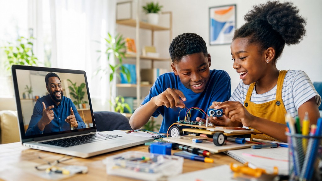 Two learners assembling a robot at home while their instructor coaches from a laptop screen